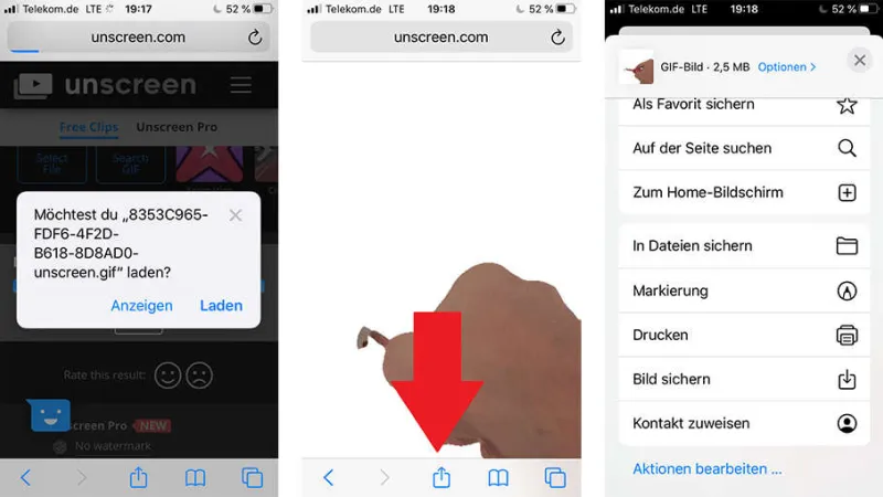 Im nächsten Schritt öffnet sich ein Fenster und Sie wählen auf dem iPhone „Anzeigen, anschließend die „Share“-Taste und die Option „Bild sichern“
