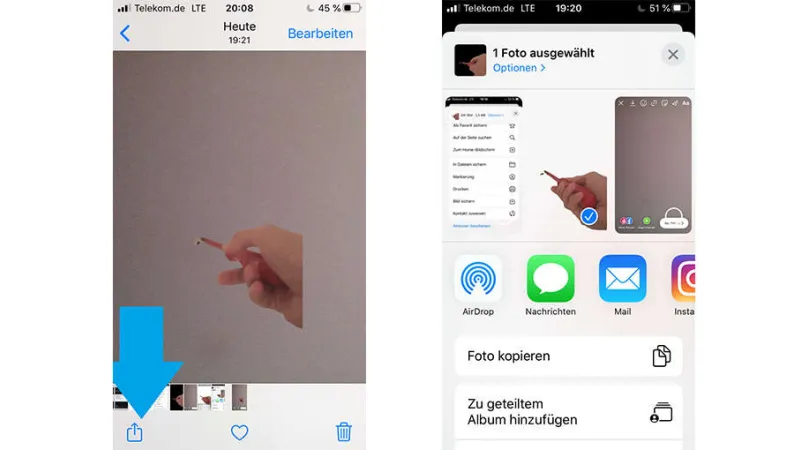 Wenn nur noch der neue Sticker fehlt, wechseln Sie aus der App zu Ihren Fotos und wählen Sie den frisch erstellten Sticker über die „Share“-Taste und „Foto kopieren“ aus